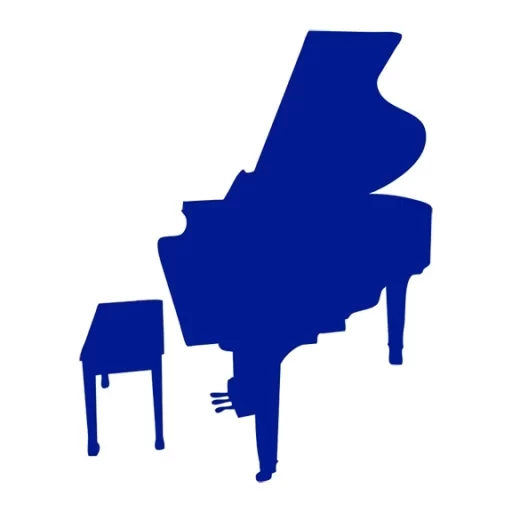 Rhapsody in Blue Logo, a blue silhouette of a grand piano