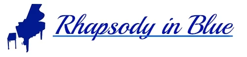 Rhapsody in Blue Logo, blue silhouette of a grand piano, with "Rhapsody in Blue" written in cursive next to it